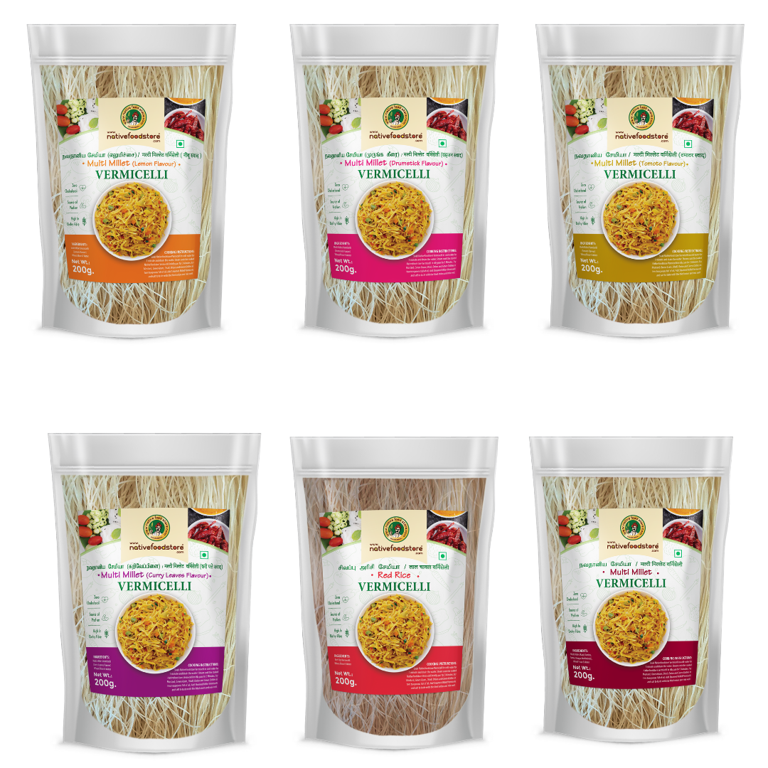 Millet Vermicelli Mixed Combo-6pcs (210*6)-Pack of 6 (Red Rice/Multi Millet/Lemon/Drumstrick/Curry Leaves/Tomato)