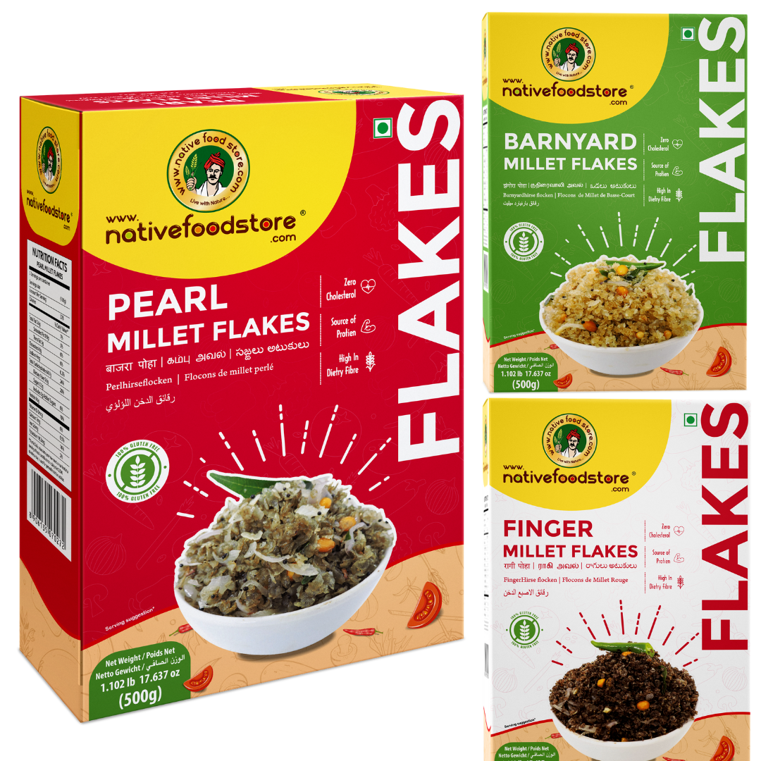 millet flakes combo-barnyard/finger millet/pearl millet - nativefoodstore.com