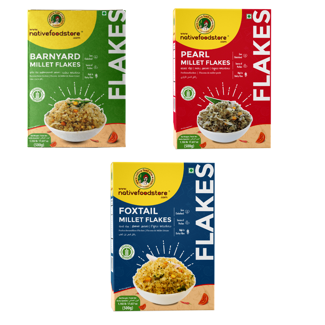 Millet Flakes Combo-Barnyard-Pearl-Foxtail Millet Flakes-(Kuthiraivali/Kambu/Thinai)-500gms-pack of 3