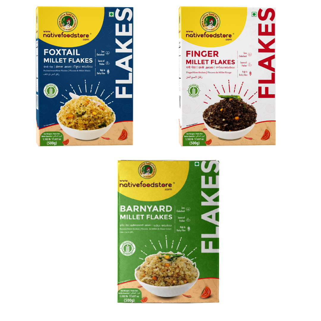 Millet Flakes Combo-Foxtail-Finger-Barnyard Millet Flakes-(Thinai/Ragi/Kuthiraivali)-500gms-pack of 3