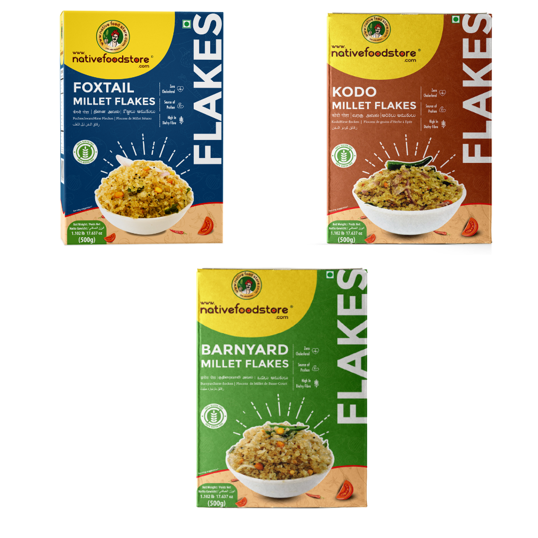 Millet Flakes Combo-Foxtail-Kodo-Barnyard Millet Flakes-(Thinai/Varagu/Kuthiraivali)-500gms-Pack of 3