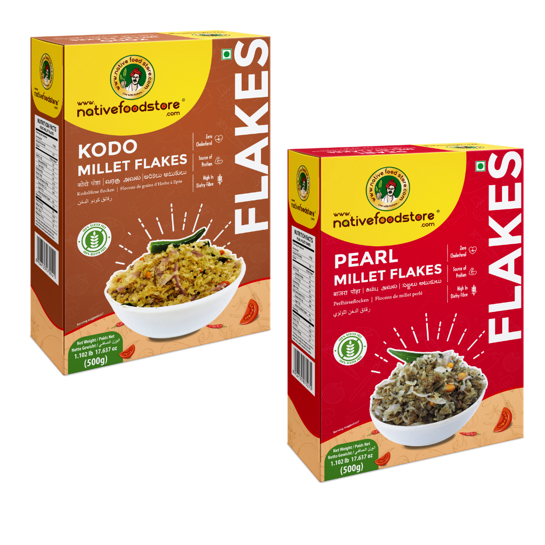 Millet Flakes Combo- Pearl Millet Flakes-Kambu/Kodo-Millet Flakes-Varagu- 2 pcs (500gms x 2)